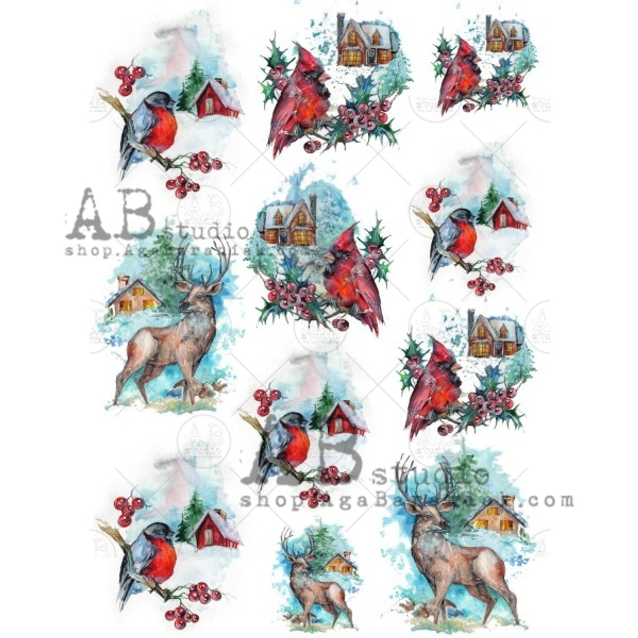 AB Studios Rice Paper Cardinal and Deer Watercolor Scenes 0446 A4
