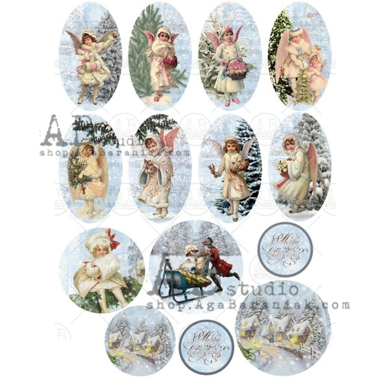 AB Studios Rice Paper SHABBY WINTER ANGELS OVAL A4 0453