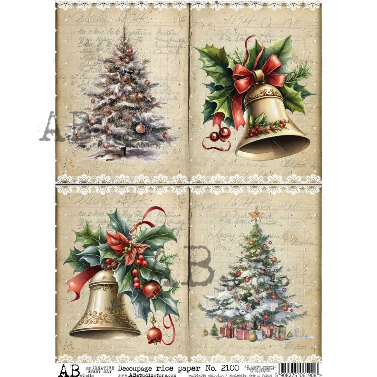AB Studios Rice Paper HOLIDAY TREES & BELLS 4 2100