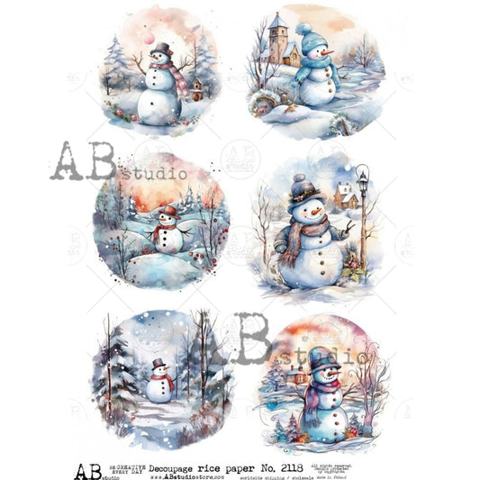 AB Studios Rice Paper colorful Watercolor Snowman Rounds  A4  2118