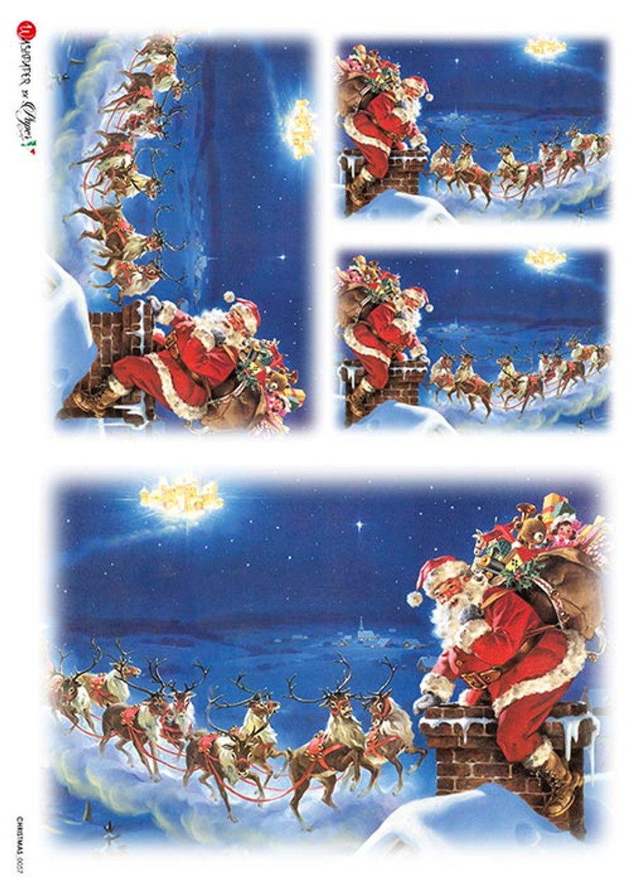 Paper Designs CHRISTMAS 0057, SANTA & REINDEERB AT THE CHIMNEY Rice paper A4 (8.3 X 11.7 INCHES)