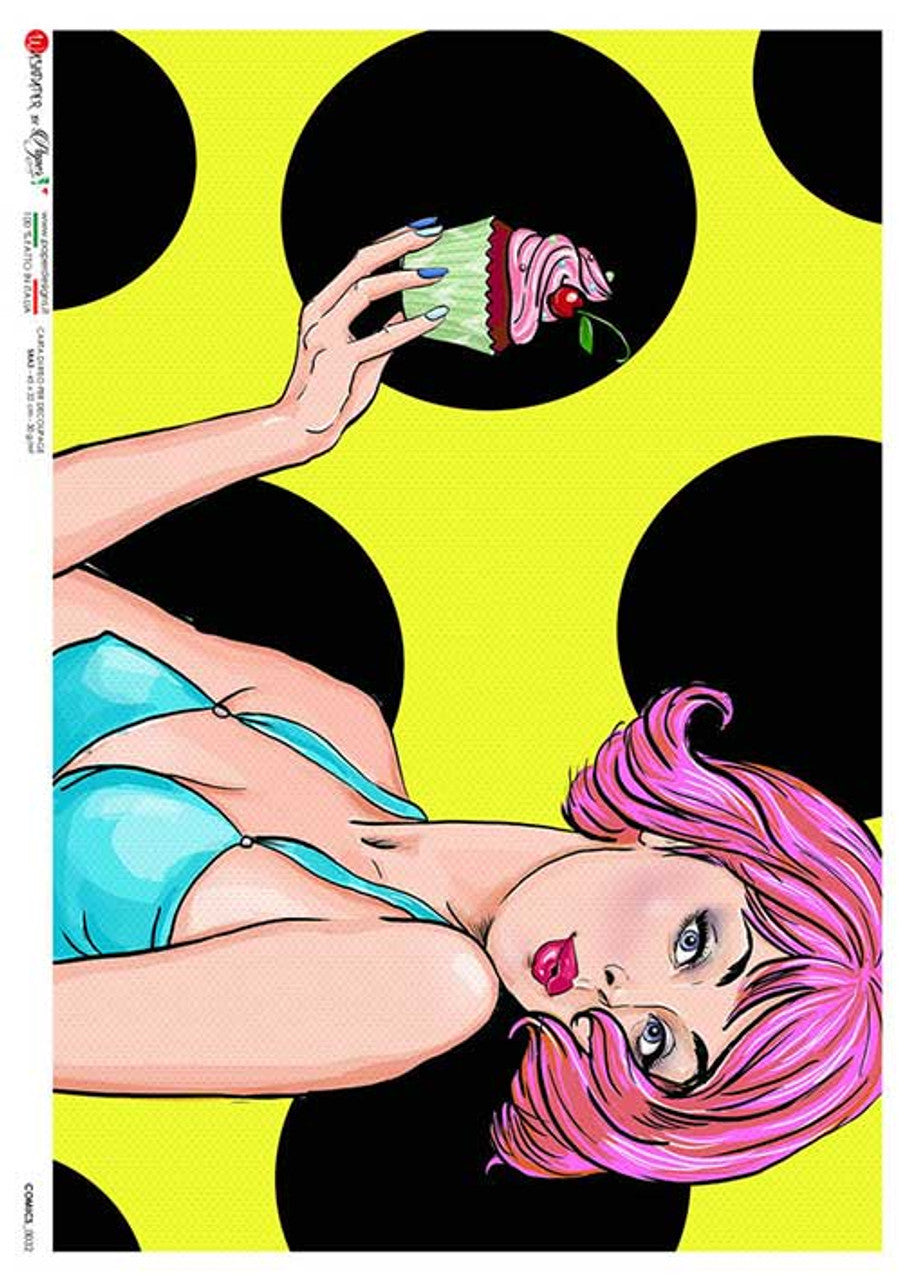 Paper Designs Rice Paper Pink Hair Pop Art Comic 0032 A4 (8.3 X 11.7 INCHES)