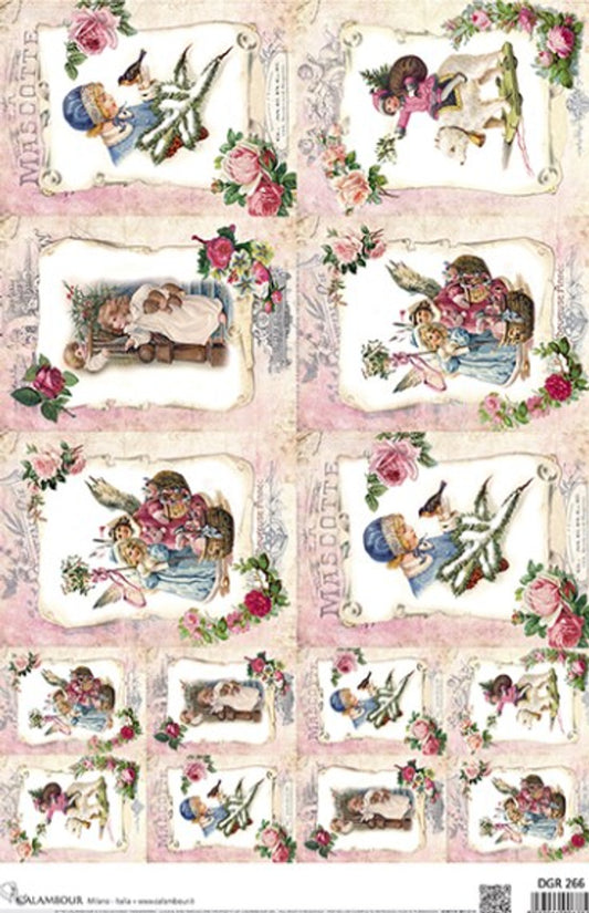 Calambour Pink Christmas  Vintage Winter kids Rice Paper A3 ( 12.5 X 18 INCHES)