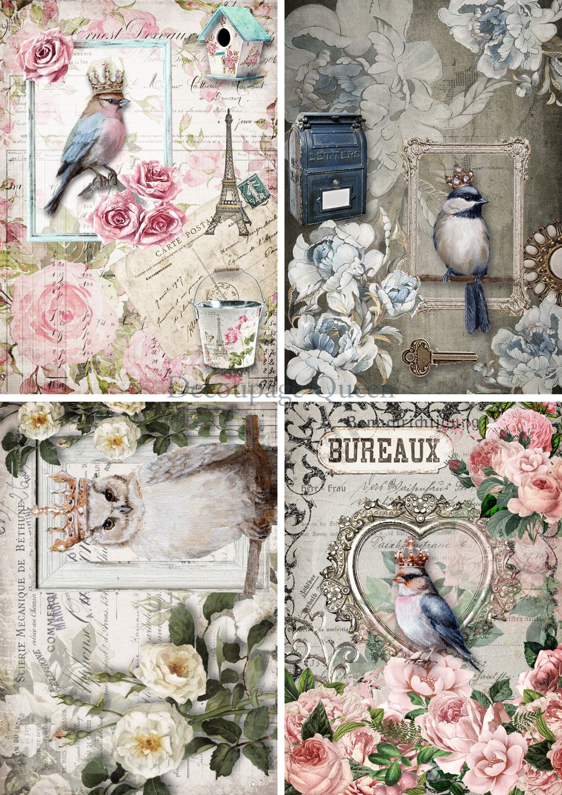 Decoupage Queen CROWNED BIRDS Rice Paper 4 pack A4 (11.7 X 8.3 INCHES) 0560