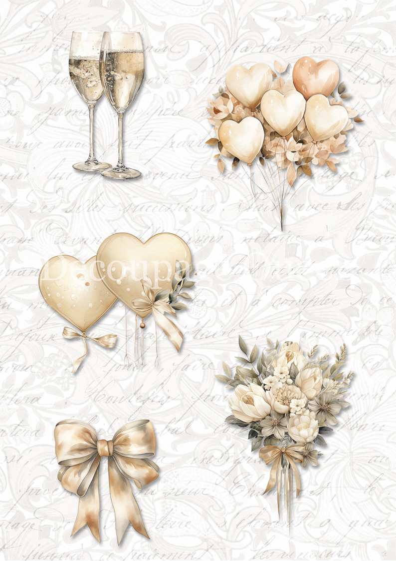 Decoupage Queen, Dainty & queen WEDDING ELEMENTS Rice Paper A4 (11.7 X 8.3 INCHES)