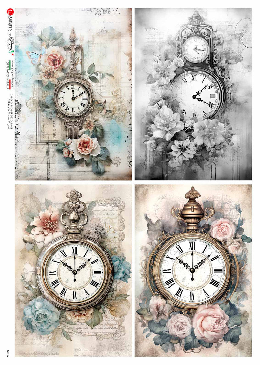 Paper Designs  SET 5 4 CLOCKS 4 PACK RICE PAPER A4 (8.3 X 11.7 INCHES)