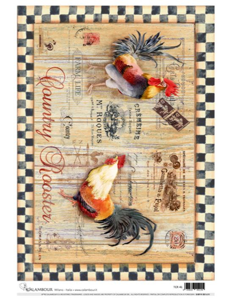 Calambour Roosters and checks Rice Paper A3 Plus (slightly larger than A3). ( 12.5 X 18 INCHES)