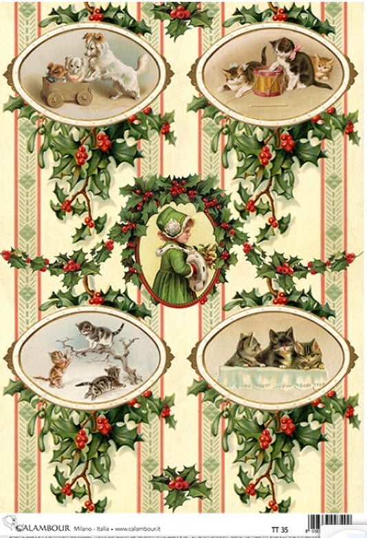 Calambour 4 pack Christmas Kittens & Holly Rice Paper A4  8.3 X 11.7  inches