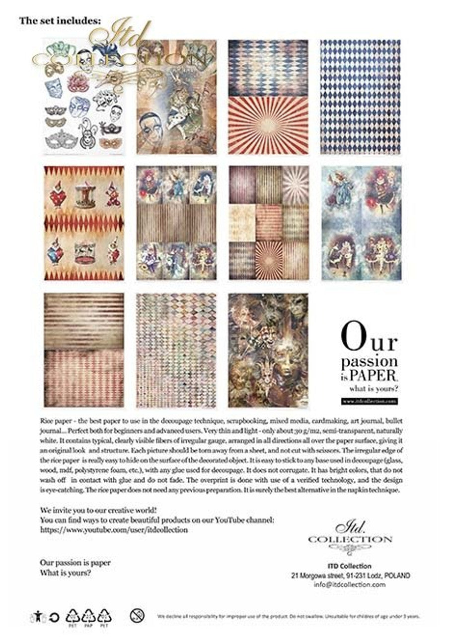ITD COLLECTION Rice paper pack of 11 , Carnival Circus Pierrot in love A4 (8.3 X 11.7 INCHES)
