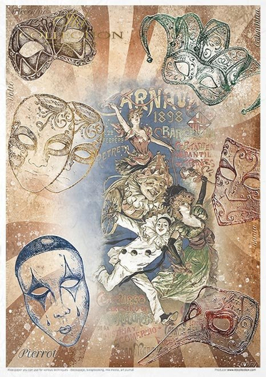 ITD COLLECTION Rice paper pack of 11 , Carnival Circus Pierrot in love A4 (8.3 X 11.7 INCHES)