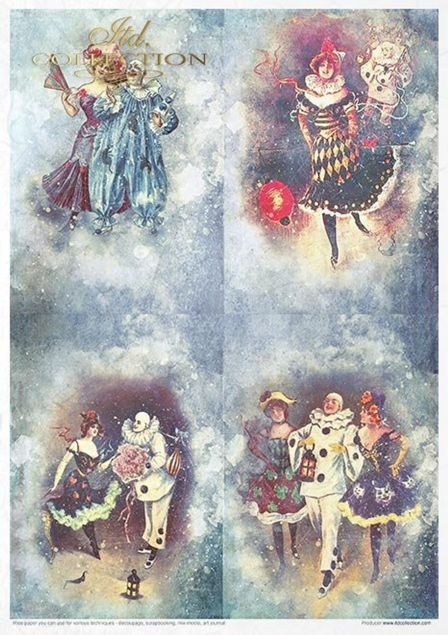 ITD COLLECTION Rice paper pack of 11 , Carnival Circus Pierrot in love A4 (8.3 X 11.7 INCHES)