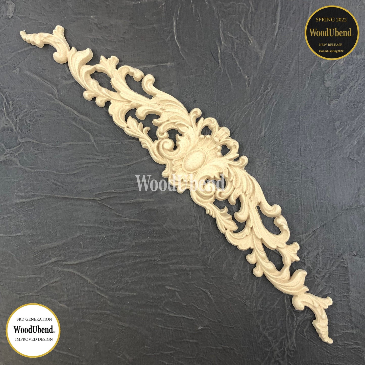 WoodUbend Applique Leafy Pediment 29×5.5×0.7cm, decorative molding SKU 6107 , Bendable when heated.