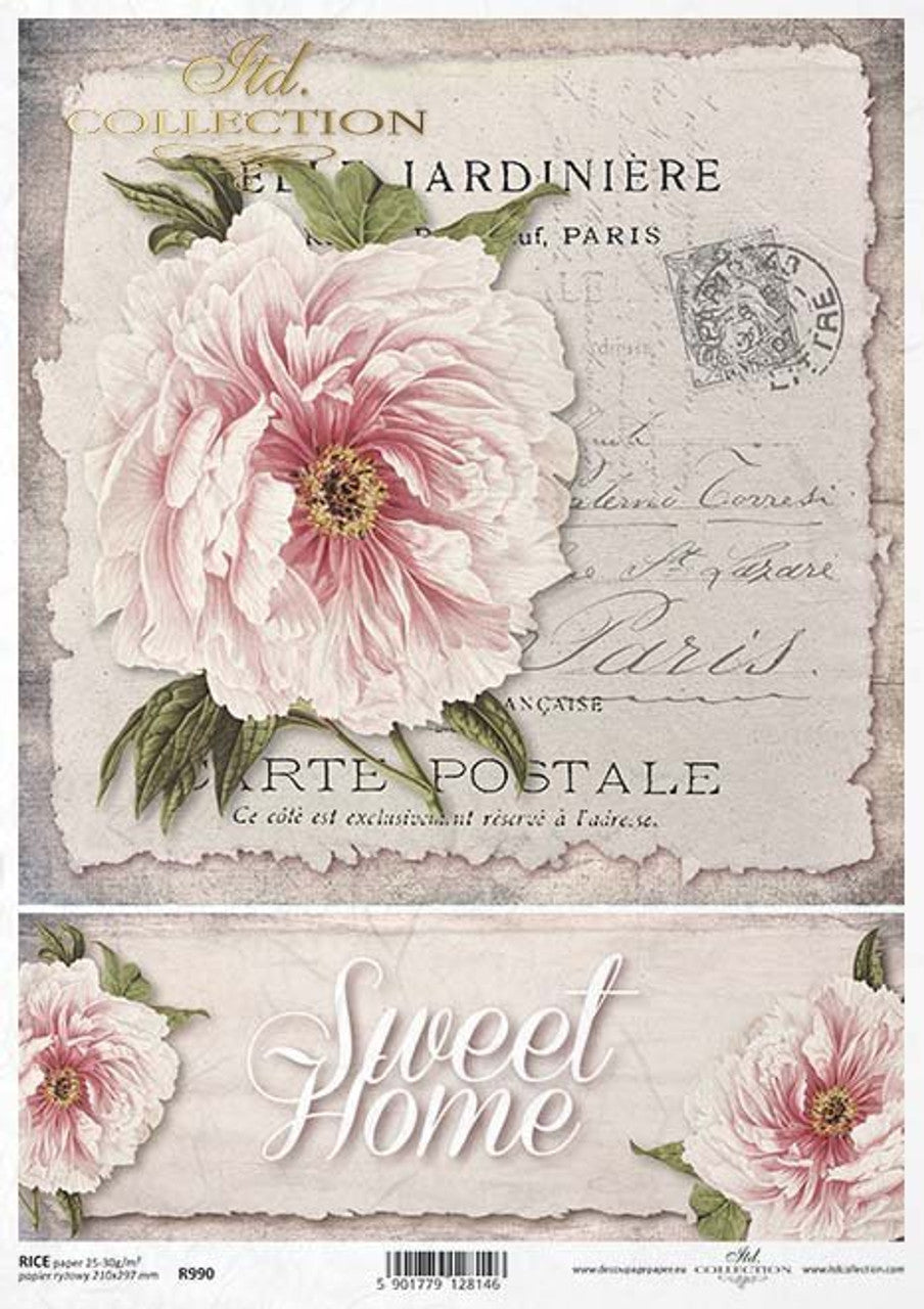 ITD COLLECTION  French Pink Floral Rice Paper A4 (8.3 X 11.7 INCHES)