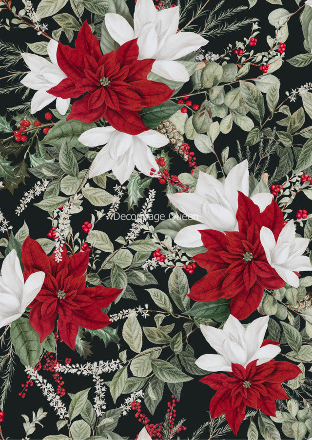 Forest Lore Christmas Floral Black Rice Paper A4 (8.3 X 11.7 INCHES)