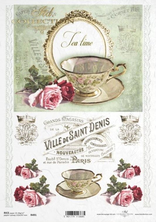 ITD COLLECTION teacups French Theme RICE PAPER A4 (8.3 X 11.7 INCHES)