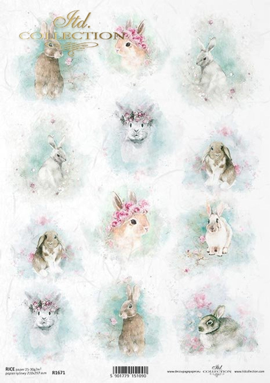 ITD COLLECTION Watercolor Easter Animals RICE PAPER A4 (8.3 X 11.7 INCHES)