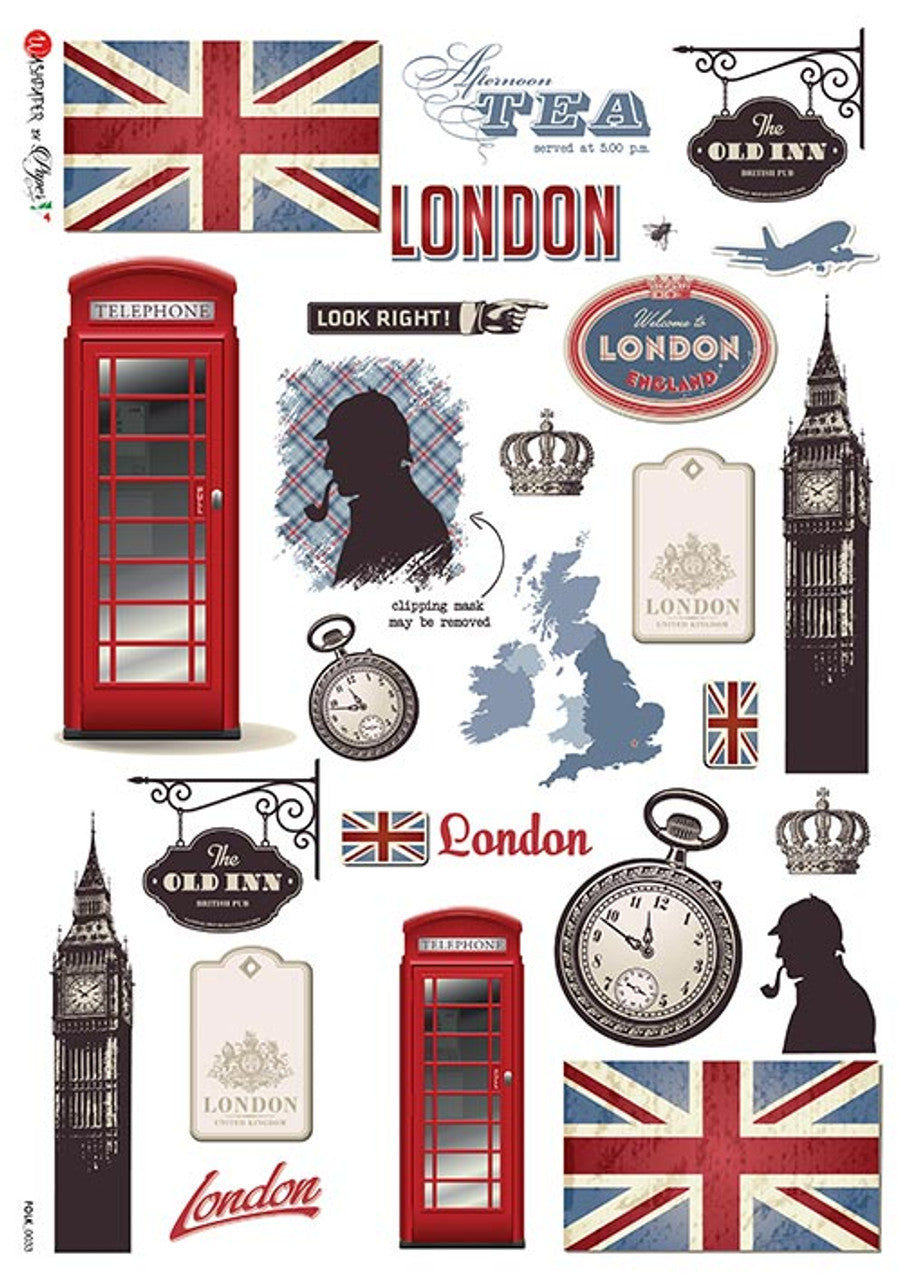 Paper Designs Folk 0033  British symbols RICE PAPER A4 (8.3 X 11.7 INCHES)
