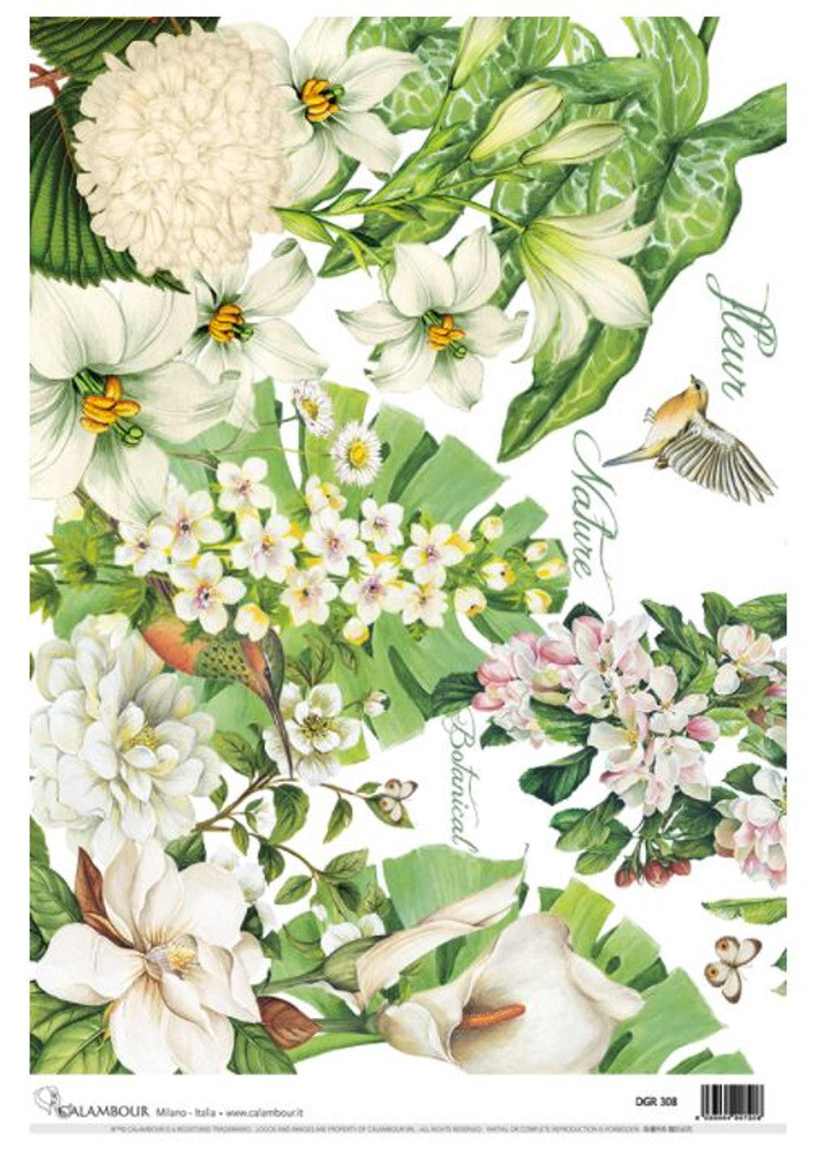 Calambour White floral Rice Paper A3 PLUS ( 13.5 X 19.5 INCHES)