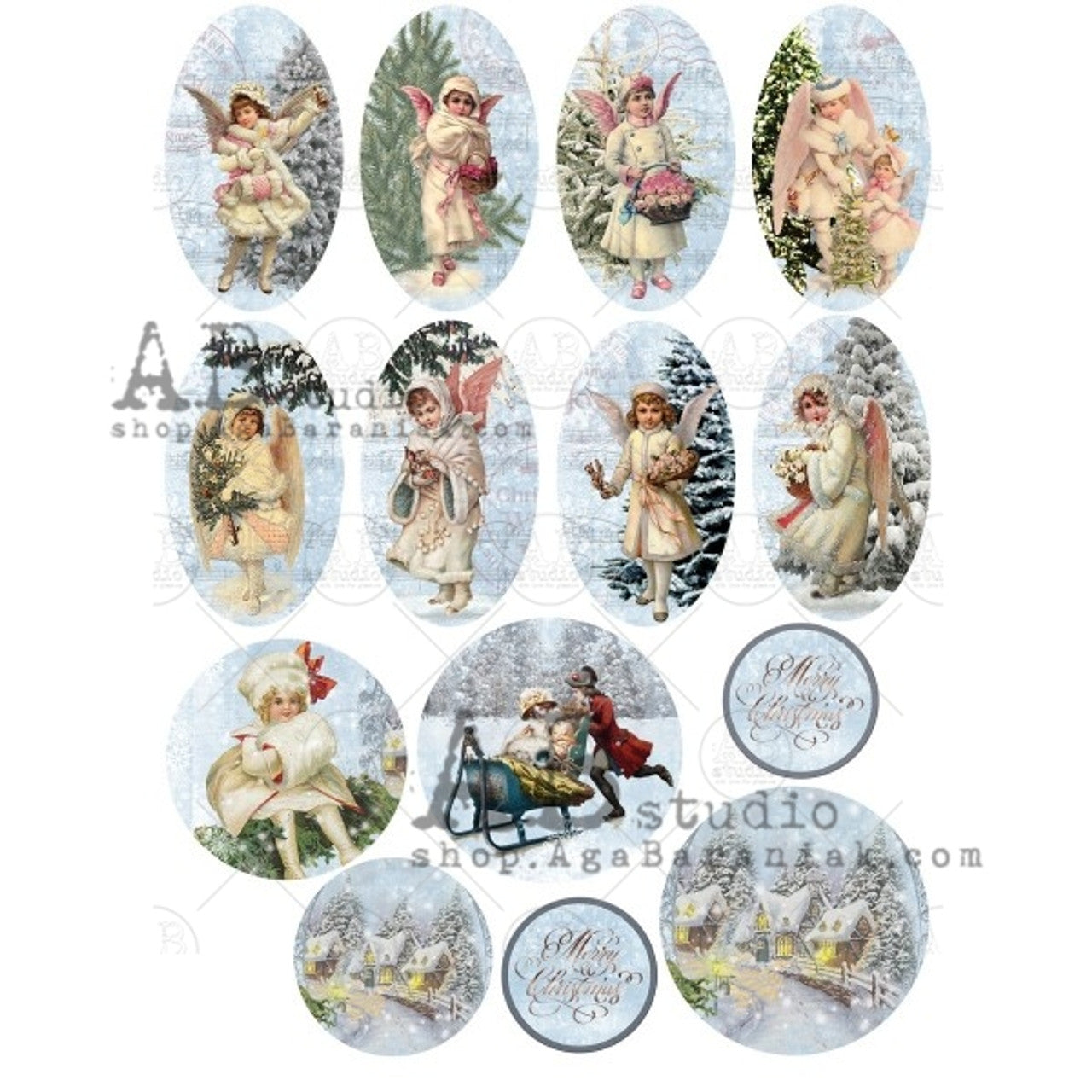 AB Studios Rice Paper  SHABBY WINTER ANGELS OVAL   A4  0453