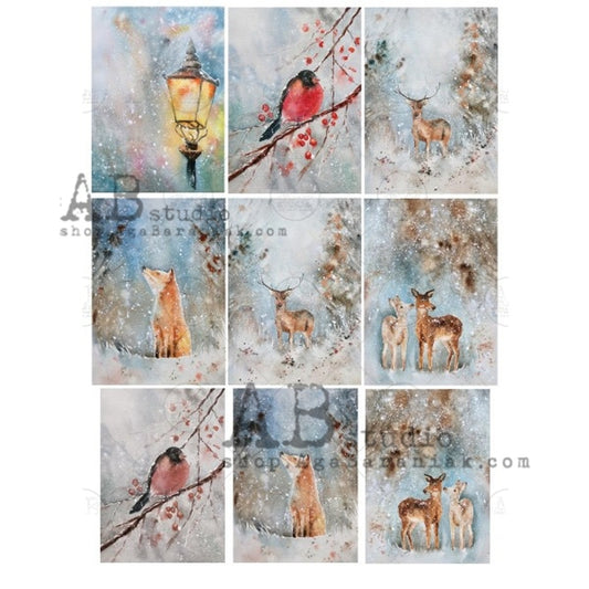 AB Studios Rice Paper  9 SMALL SCENES, RUSTIC WINTER ANIMALS A4  0455