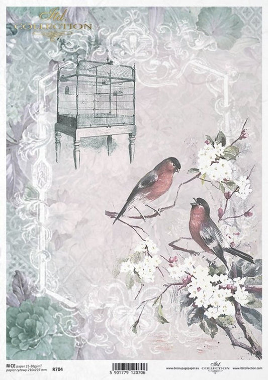 ITD COLLECTION  Paper Birds with Cage Rice Paper A4 (8.3 X 11.7 INCHES)