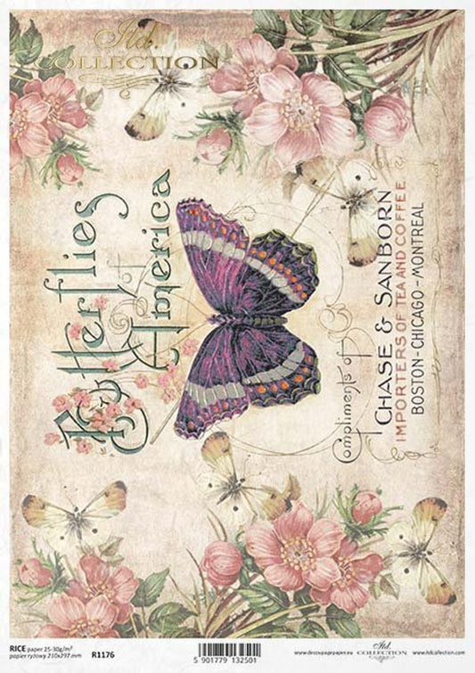 ITD COLLECTION  Floral Butterfly Rice Paper A4 (8.3 X 11.7 INCHES)