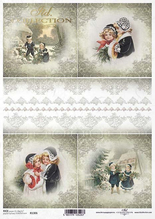 ITD COLLECTION   Girls with Bonnets Rice Paper A4 (8.3 X 11.7 INCHES)