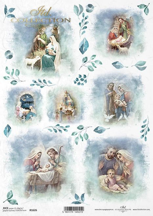 ITD COLLECTION  Rice Paper MADONA & BABY JESUS  7 SCENES  A4 ( 8.3 X 11.7 INCHES)