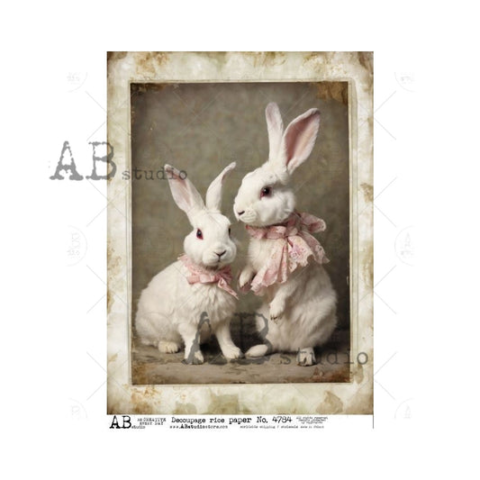 AB Studios Rice Paper white pair of bunnies with pink bows 4784