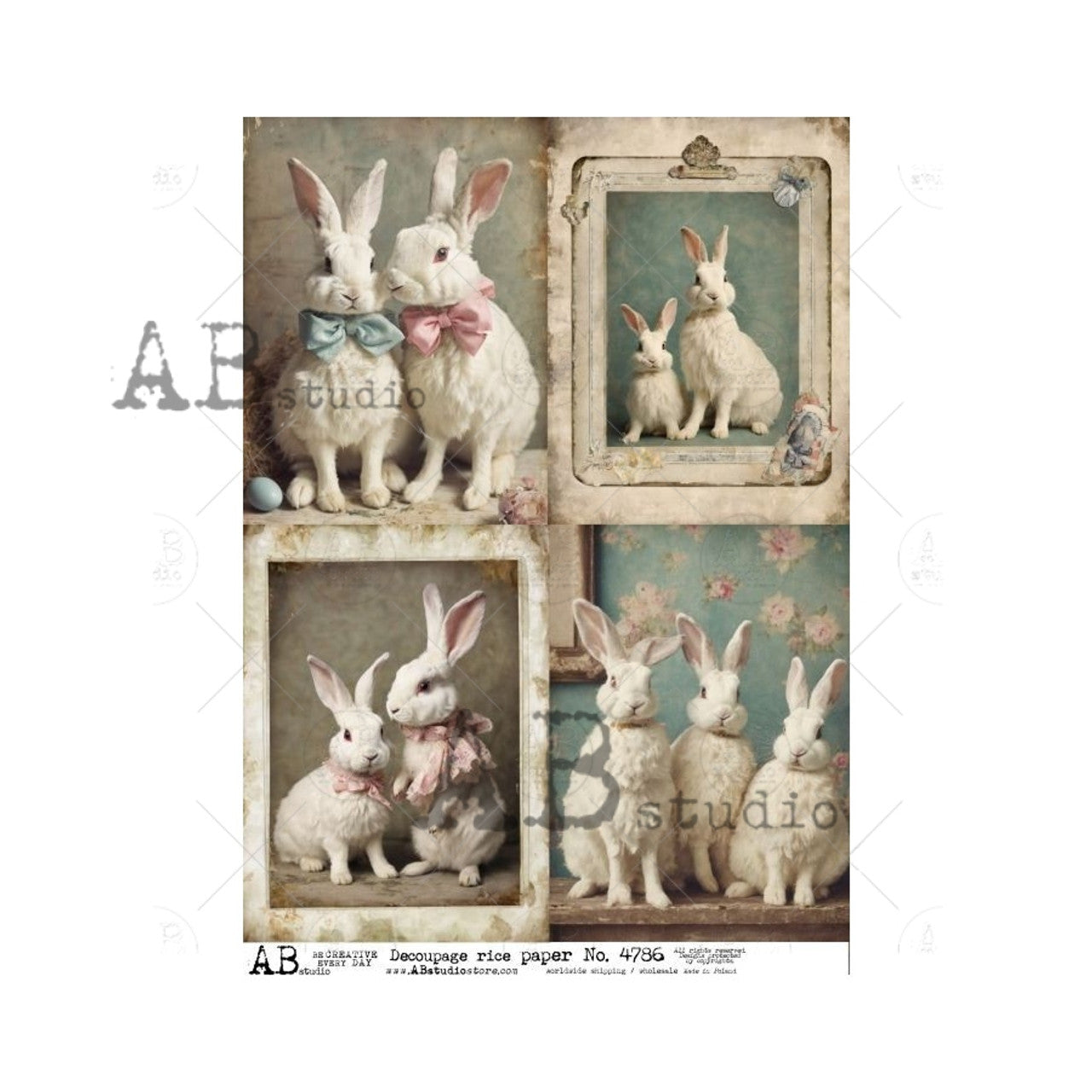 AB Studios Rice Paper  framed bunny families shabby chick style 4786