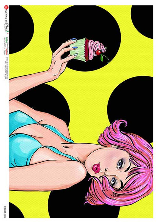 Paper Designs  Rice Paper Pink Hair Pop Art Comic 0032 A4 (8.3 X 11.7 INCHES)