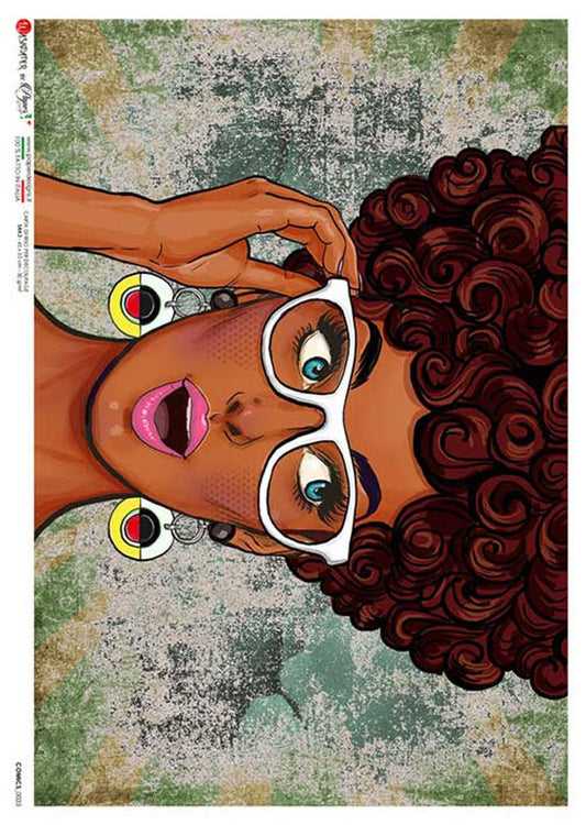 Paper Designs Rice Paper pop art LADY WITH GLASSES Comic 0033 A4 8.3 X 11.7 inches