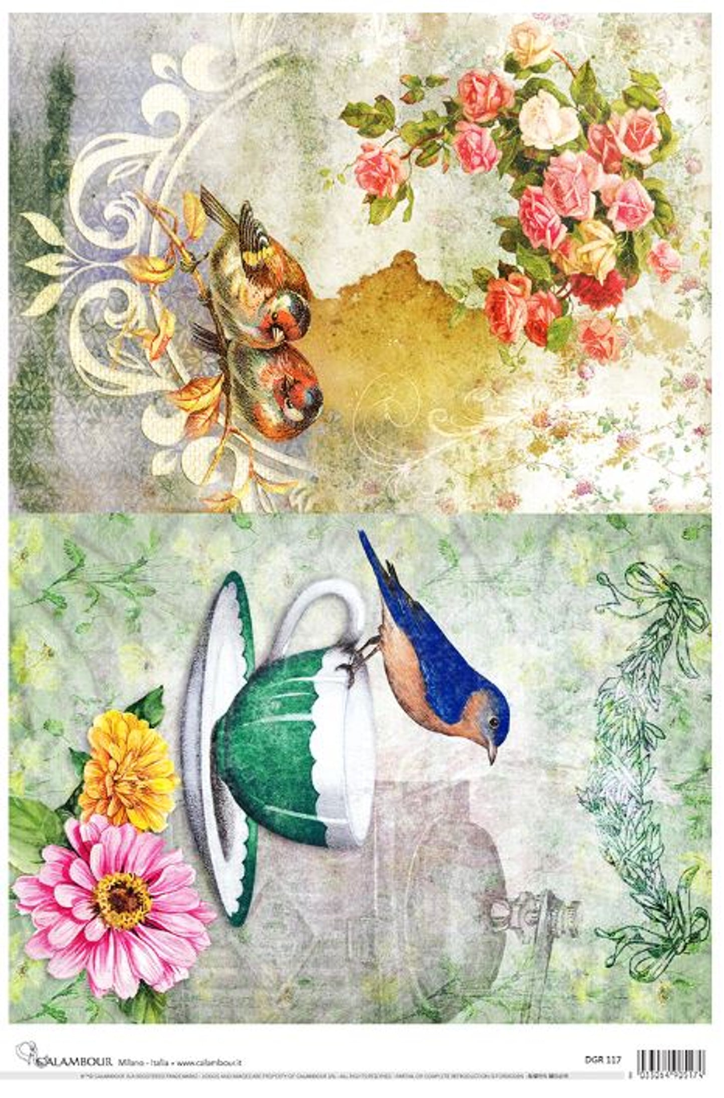 Calambour 2 colorful floral bird scenes  Rice Paper A3 ( 12.5 X 18 INCHES)