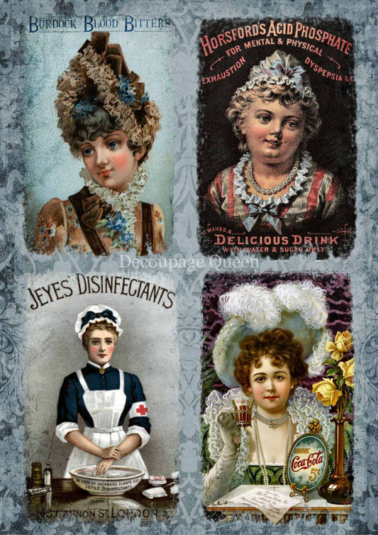 Decoupage Queen Vintage ads rice paper A4 (8.3 X 11.7 INCHES)