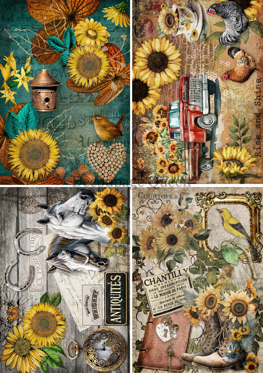 Decoupage Queen Country Sunflowers 4 Pack Rice Paper A3(11.7X 16.5 INCHES)