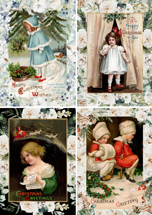 Decoupage Queen, Vintage Christmas Girls 4 Pack Rice Paper A4 (8.3 x 11.7 NCHES)