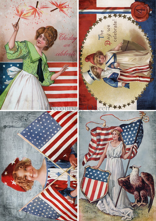 Decoupage Queen F0URTH OF JULY 4 PACK Rice Paper A4 (11.7 X 8.3 INCHES) 0582