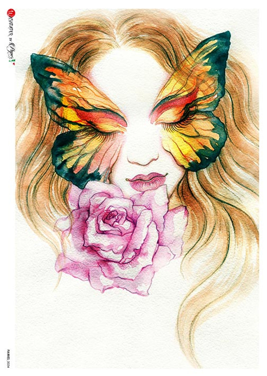 Paper Designs Lady with a Butterfly mask RICE PAPER A3  (11.7 X 16.5 INCHES)