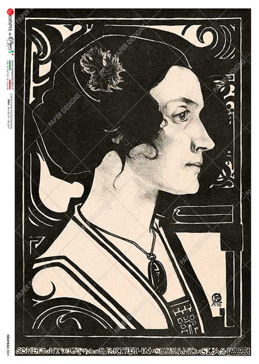 Paper Designs Nouveau 0041  black and white profile RICE PAPER A4 (8.3 X 11.7 INCHES)