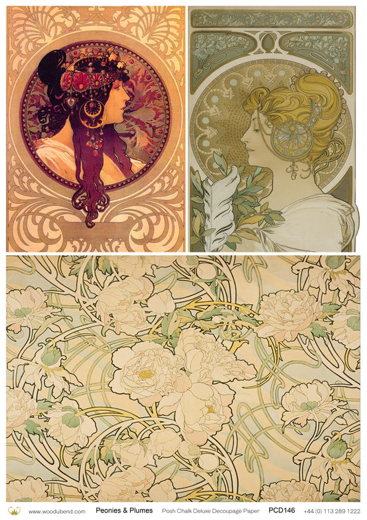 Posh Chalk Deluxe Decoupage Paper PEONIES & PLUMES A3 (11.7 X 16.5 INCHES)