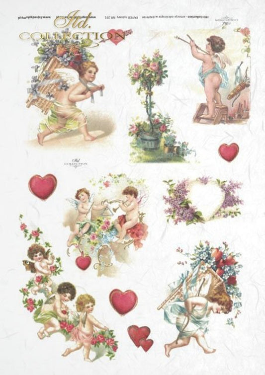 ITD COLLECTION  Rice Paper VALENTINES CHERUBS  4 PACK A4 ( 8.3 X 11.7 INCHES)