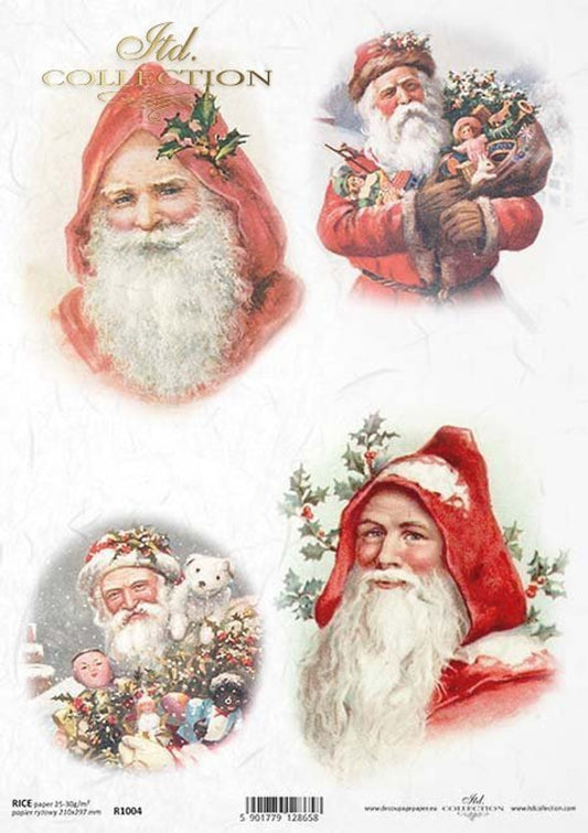 ITD COLLECTION  Rice Paper VINTAGE SANTA ORNAMENT 4 PACK A4 ( 8.3 X 11.7 INCHES)