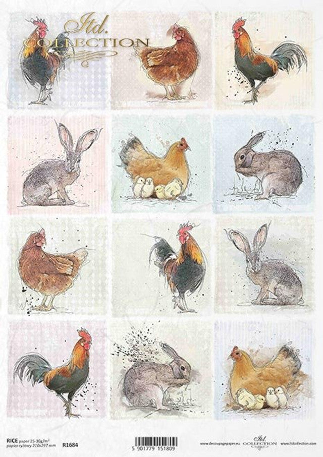 ITD COLLECTION  Rice Paper MINI ROOSTER & BUNNY SQUARES A4 ( 8.3 X 11.7 INCHES)