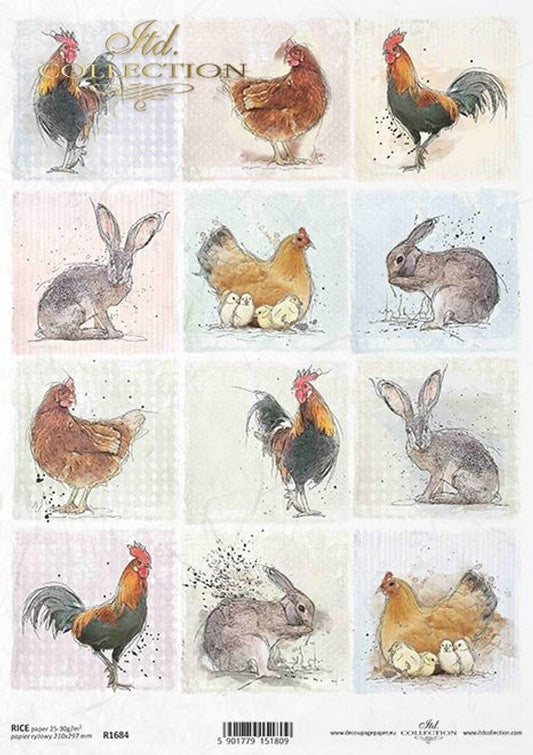 ITD COLLECTION  Rice Paper MINI ROOSTER & BUNNY SQUARES A4 ( 8.3 X 11.7 INCHES)