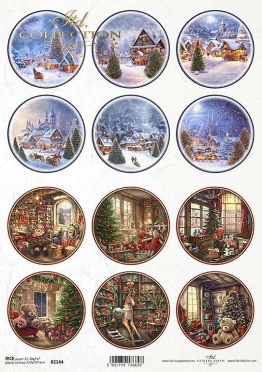 ITD COLLECTION  Rice Paper MINIATURE CHRISTMAS VILLAGE SCENES  A4 ( 8.3 X 11.7 INCHES)