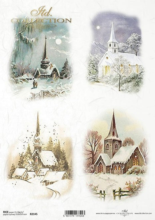 ITD COLLECTION  Rice Paper WINTER CHURCH SCENES  4 PACK A4 ( 8.3 X 11.7 INCHES)