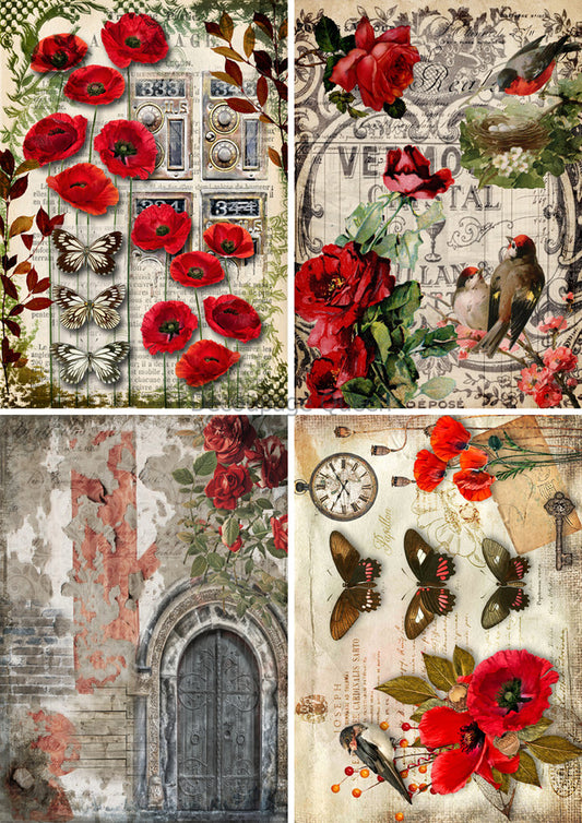 Decoupage Queen  Roses and Poppies 4 Pack A4 (8.3 X 11.7 INCHES) fall 24