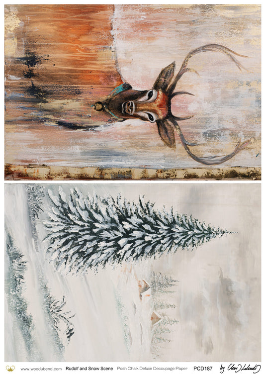 Posh Chalk Deluxe Decoupage  Paper Rudolph & Snow Scene A3 (11.7 X 16.5 INCHES)