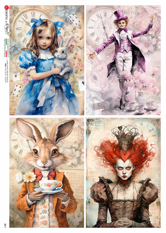 Paper Designs SET 1  ALICE IN WONDERLAND  RICE PAPER A3 (16.5 X 11.7 INCHES)