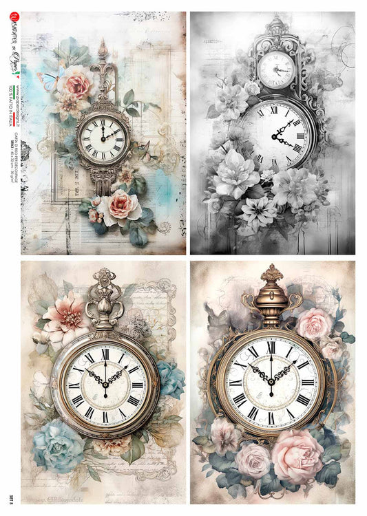Paper Designs  SET 5 4 CLOCKS 4 PACK RICE PAPER A4 (8.3 X 11.7 INCHES)